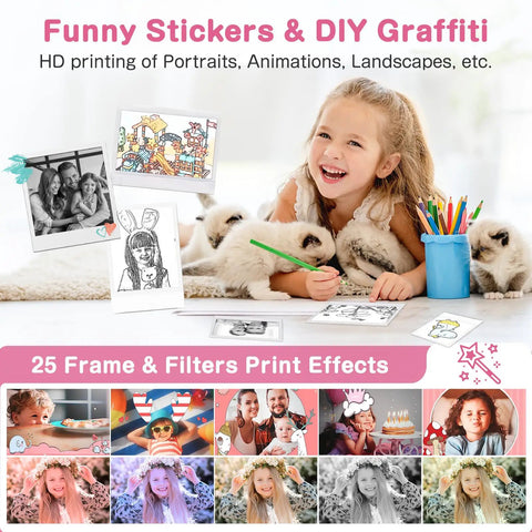 Dual-Lens Instant Print Mini Camera For Kids, 48MP Front And Rear Cameras, Selfie Ready, 1-Second Black And White Print, 32GB Card Included, Pink Portable Photo Printer Toy For Festivals And Travel showing kids print filters and sticker effects