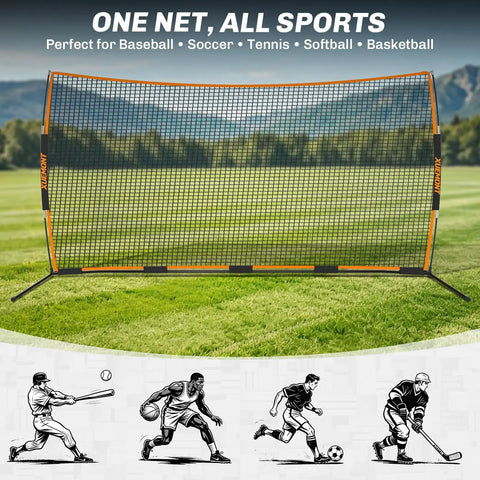 16x10 Ft Backstop Net For Baseball Soccer Basketball And Lacrosse All Sport Backyard Practice Net With Ground Stakes And Sandbags shown in open field