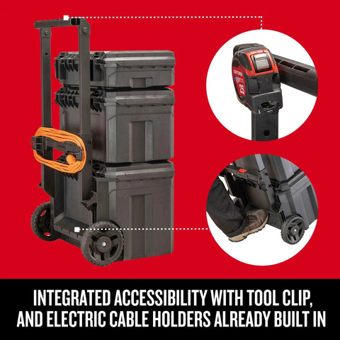 TradeStack Rolling Tower Storage System With 22 Inch Capacity with tool clip and cable holders, three-unit modular design on wheels.