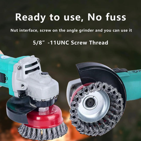 Heavy Hitter Wire Wheel Brush Set Features four tough twisted knotted and crimped steel cups on 4.5 angle grinder with 5/8 11 arbor.