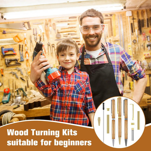 Six Piece Tight 7mm Woodcraft Kit Featuring Letter Openers And Slim Pen Tools For Envelope Slitting Plus Paper Mail Openers Fresh Handmade DIY Gear For Guys And Holiday Giving with father and son in workshop.
