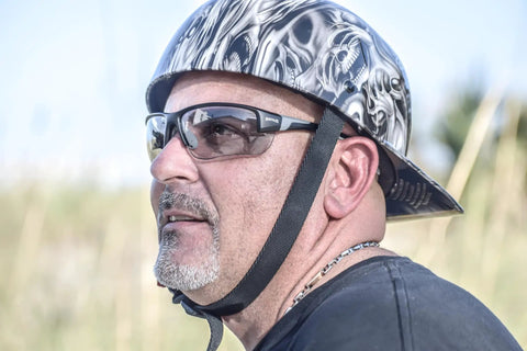 Close-up of man wearing Top-Notch Hercules-7 Photochromic Safety Specs With Auto-Transitioning Clear to Smoke Lens.