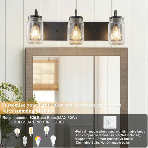 Mason Jar Vanity Glass Wall Lights Black Wall Sconce For Bathroom Farmhouse Decor, Modern Rectangular Backplate Mount