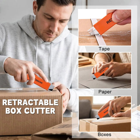 Using 12 Pack Retractable Box Cutter Set With Sharpened Antirust Carbon Steel Blades for cutting boxes and tape.