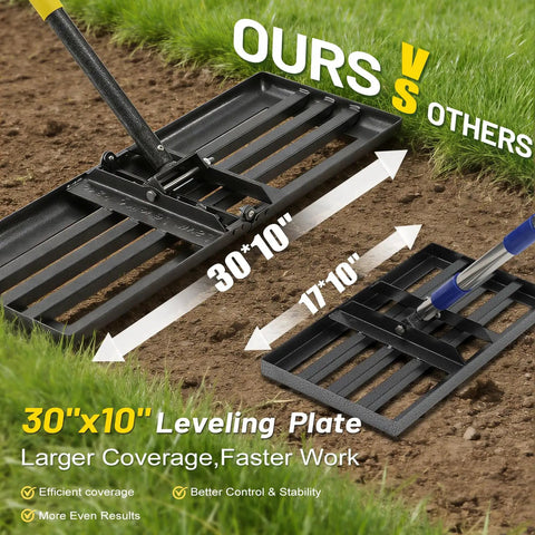 Foldable Lawn Leveling Rake With 30x10 Inch Ground Plate And 72 Inch Adjustable Handle comparison to smaller competitor's rake