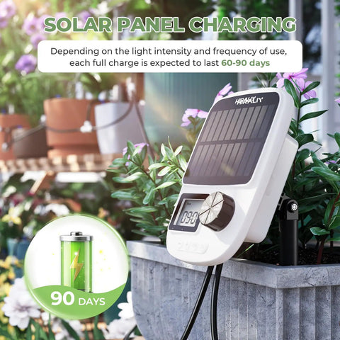 Solar Powered Drip Irrigation System With Automatic Timer For Pots And Indoor Plants, showing solar panel charging feature.