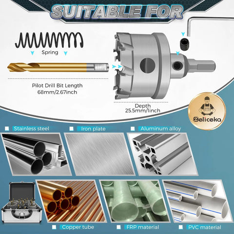 Ultimate Pro Grade 14-Piece TCT Carbide Hole Saw Kit For Hard Metal with images of drill bits and materials suitable for cutting.