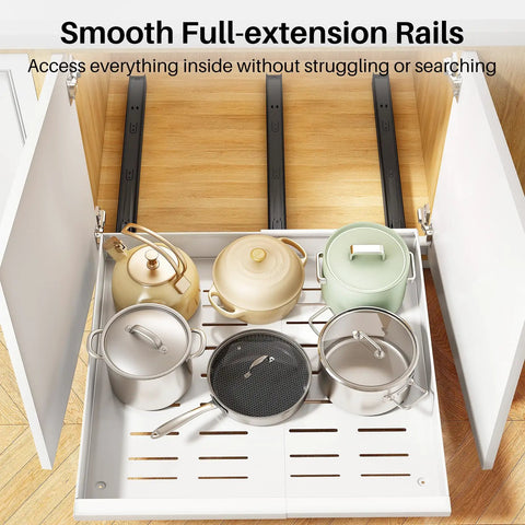Make Kitchen Storage A Cinch With This Expandable Pull Out Organizer Featuring Full Extension Roll Out Slides And Raised Pads For Framed Units Organize Pots Slick And No Sweat, showcasing smooth rails and organized pots and pans.