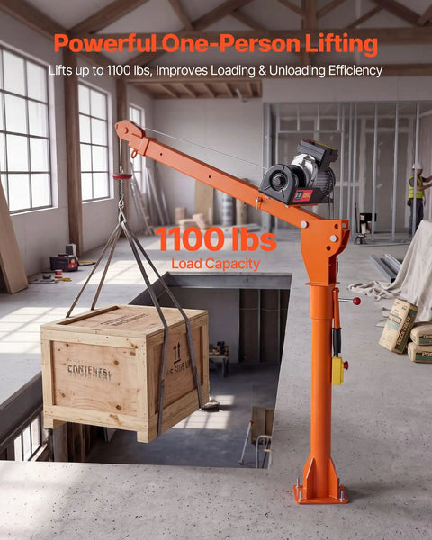 Heavy Hitter Electric Pickup Truck Crane Featuring A 3500 Pound Electric Winch And 360 Degree Swivel Folding Hoist For Real World Job Site Material Hauling, lifting a wooden crate.