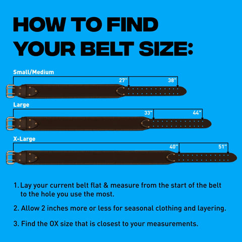 Guide to sizing for Go-To Heavy Duty Drywall Carpenter Tool Belt With 22 Pockets, showing belt length in inches for S/M, L, XL.