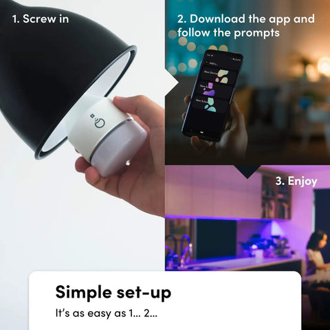 Lit Night Vision Color LED Bulb E26 Smart RGBW with 1100 Lumens, showing installation steps: screw in, app setup, usage.