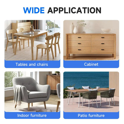 Tables, chairs, cabinet, and patio furniture supported by 24 Pack M8 Furniture Levelers Screw In Adjustable Leveling Feet