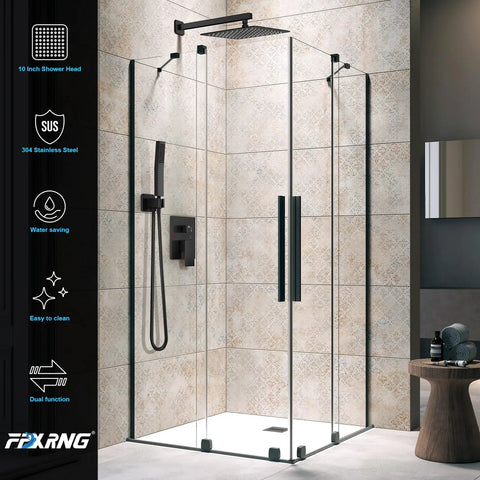 Top Shelf Matte Black Rain Shower Set With Heavy Duty Solid Brass Mixing Valve And 10 Inch Round Head in modern bathroom with glass enclosure.