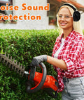 Woman trimming hedge wearing Triple Pack Noise Reduction Ear Muffs With NRR 28 dB Hearing Protection For Shooting And Construction.