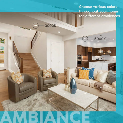 Living room with 4 Inch Ultra Thin Square LED Recessed Lights Pack Of 4, 12W Dimmable Downlights with 5CCT from 3000K to 5000K.