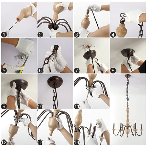 Installation steps for Farmhouse Chandelier With 6 Lights, Wood Rustic Candlestick Pendant Light For Living Room And Bedroom