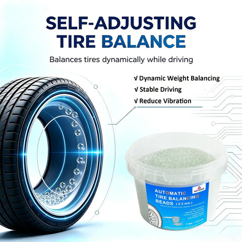 7 Pound Auto Tire Balancing Beads 2 To 3 Mm Bulk Tub with measuring spoon next to tire showing dynamic weight balancing.