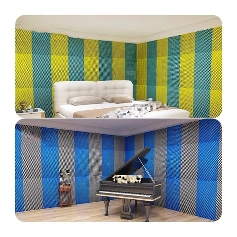 High-Density Blue Soundproofing Foam Roll 3cm Thick With Heavy Duty Adhesive in colorful audio rooms with piano and bed.
