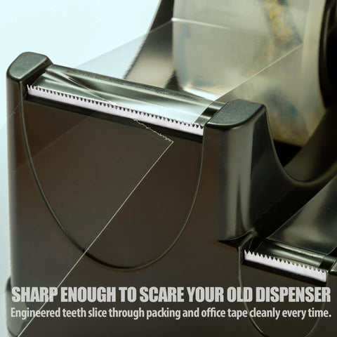 Heavy Duty Dual Function Tape Dispenser Built Tough For All Your Packing Needs Featuring Weighted Five Point Five Pound Base for tape cutting.