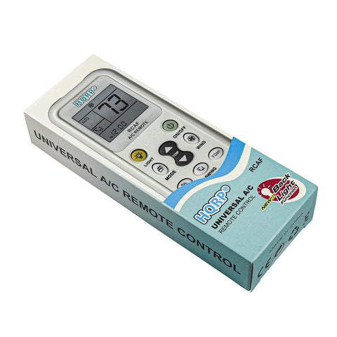 Heavy Hitter Universal Air Conditioner Remote Control With Large Lcd Screen And Instant Code Search Featuring Built In Clock Timers in packaging.