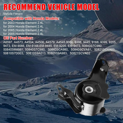 Heavy Duty Engine And Transmission Mount Set Fits Honda Element 2 Point 4 Liter Models showing vehicle compatibility details.