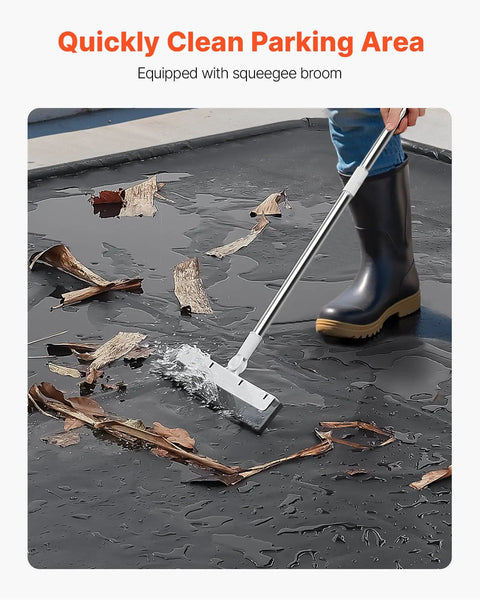 Person cleaning Heavy Duty Containment Mat For Garage Floor 7 Ft 9 In By 18 Ft Non Slip PVC Waterproof Floor Protector with squeegee.