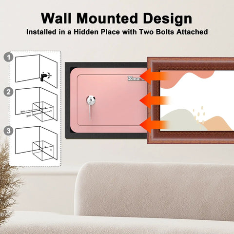 Wall-mounted pink mini safe for kids and home with key lock, shown installed in a hidden space for storing cash and documents.