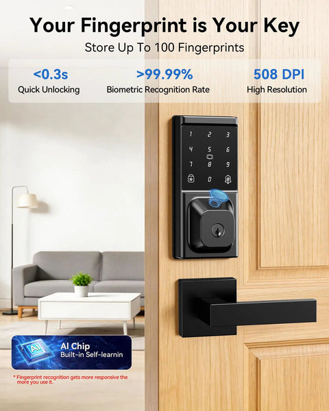 Keyless Entry Door Lock With Handle Set And Fingerprint Smart Deadbolt Featuring Touchscreen Keypad Apps And Fob Cards For Smooth Home Access And No Stress Crib Security Game Changer Fo Sho Installations, installed on wooden door.