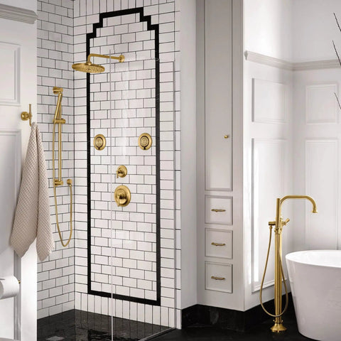 Colinet Double Robe Hook In Brushed Gold For Bath And Kitchen, mounted on white bathroom wall beside shower, classic glam finish.