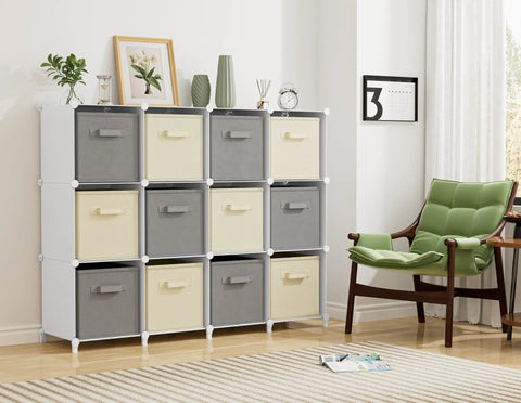 12 Cube Closet Organizer System For Easy Home Storage with grey and beige bins, metal frame, white panels in a living room.