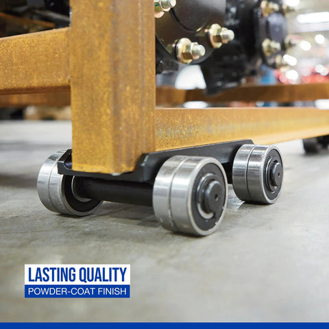 Heavy Duty Machinery Skates Loaded With Eight Knockout Steel Wheels And Three Thousand Three Hundred Pound Pulling Power, close-up view.