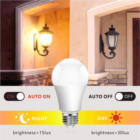 Plug And Play Outdoor Dusk To Dawn LED Bulbs With Built In Photocell Sensor No Wiring Or Timer Required shown installed in porch lighting fixture.