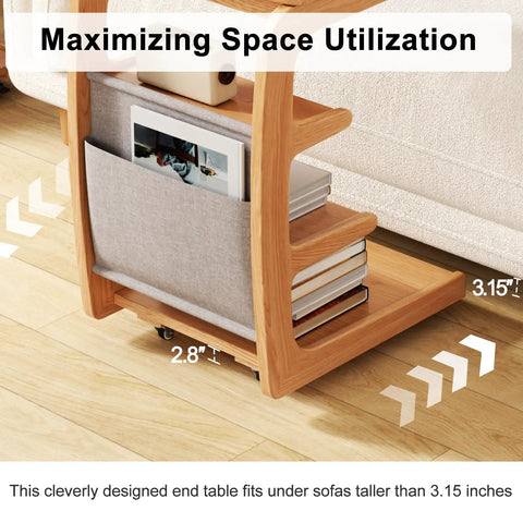 C Shaped Rolling Side Table With Wheels Solid Wood 4-In-1 Adjustable Desktop Compact Under Sofa Or Bed showing book storage