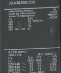 Pro Grade 250 Amp 3 Pole Circuit Breaker JGA36250U31X detailed specifications label showing interrupting ratings and certifications.