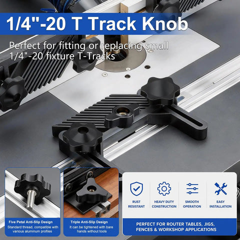 80 Piece T Track Knob And Bolt Kit For Woodworking Jigs And Fixtures With 5/16-18 Knobs T Bolts Star Knobs T Nuts Threaded Inserts Stud Knobs Hex Bolts And Flat Washers, 1/4-20 T-track knobs