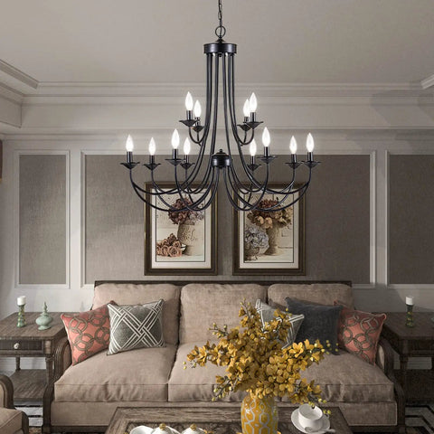 Farmhouse Twelve Light Candle Chandelier Black Wrought Iron Pendant Light 2 Tier Rustic Industrial Ceiling Fixture over sofa