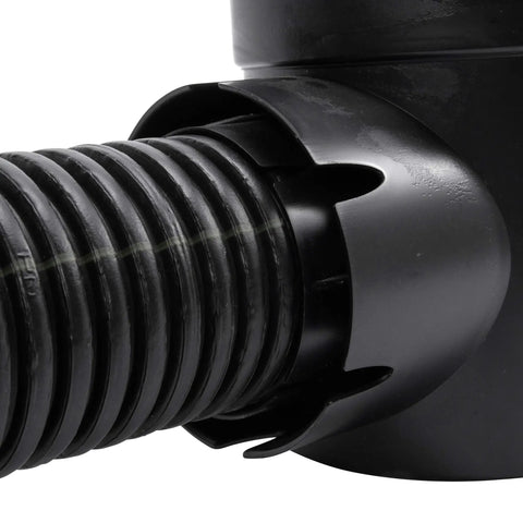 Close-up of Round Spee-D Catch Basin Drain With Dual Outlets For 3-Inch Or 4-Inch Pipes Plastic Black 6-Inch Size showing connection detail
