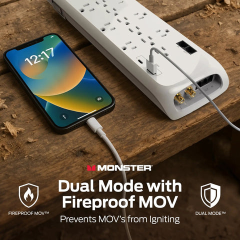 Beefed-Up Heavy Duty Surge Protector Power Strip With 4050 Joules, 10 Outlets, 2 USB Ports displayed near a smartphone