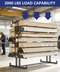 Rock Solid Double Sided Lumber And Pipe Storage Rack With Reinforced Cross Bracing Holding Two Thousand Pounds with lumber and pipes.