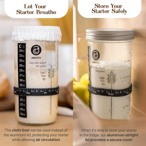 All In One Sourdough Bread Kit With 9 Inch Round Banneton Proofing Basket And 24 Oz Starter Jar For Beginners To Pro Bakers, Bake Crusty Bakery Quality Loaves From Day One, Ideal Gift For Women, Men, And Bread Lovers showing glass starter jar with cloth and airtight lids side by side