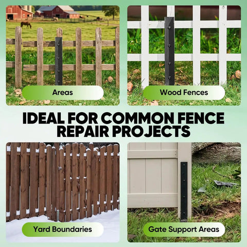 Collage of fence repair projects showing Heavy Duty Fence Post Repair Kit With Solid Steel Anchor Straighten Leaning 4x4 Wood Posts.