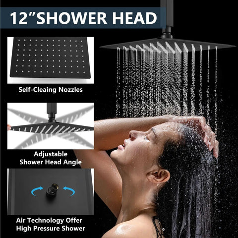 Shower Faucet Set Ceiling Mount System With Dope Dual 12 Inch And 6 Inch Shower Heads highlighting 12-inch rainfall head in use.