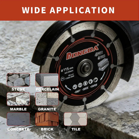 Four Point Five Inch Segmented Diamond Saw Blades Two Pack Angle Grinder Discs cutting through concrete with diverse materials visible.