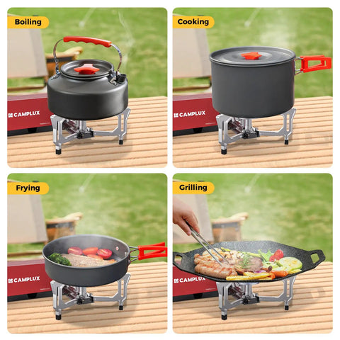 Boiling, cooking, frying, grilling with FoldGo Portable Butane Camping Stove With 7500 BTU Output Grab And Go Ready Foldable Cassette Stove