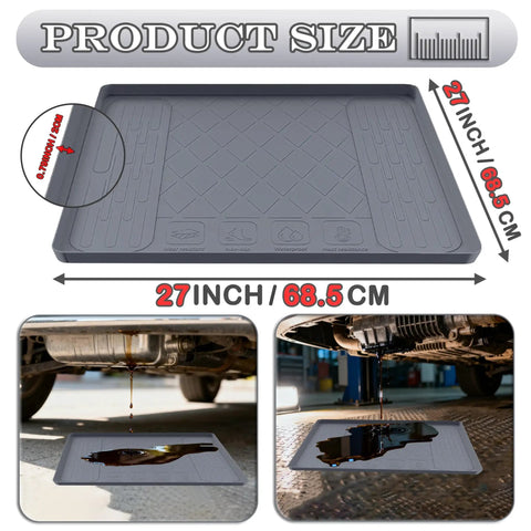 27 Inch By 27 Inch Silicone Drip Tray Mat With Raised Edge For Garage And Driveway Protects Floors From Oil Leaks shown with oil spills