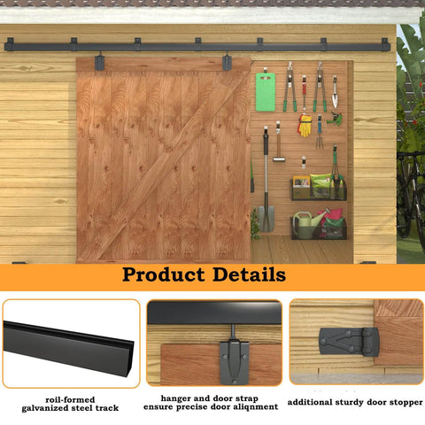 10 Foot Black Box Rail Exterior Barn Door Hardware Kit installed on wooden shed, showing track system and door strap details.