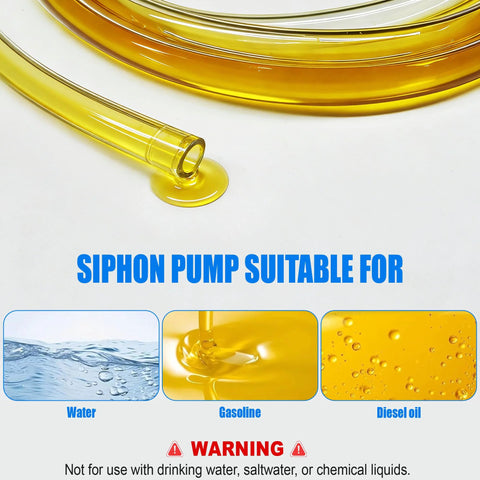 All In One Gas Siphon Transfer Kit For Fuel And More, Easy Manual Hand Pump For Gasoline, Diesel, Oil, Water And Other Liquids with warning note