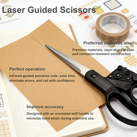 Laser Guided Scissors Pro Grade For Fabric And Paper With Ergonomic Handle, Heavy Duty Cutting Tool on a notebook with craft paper
