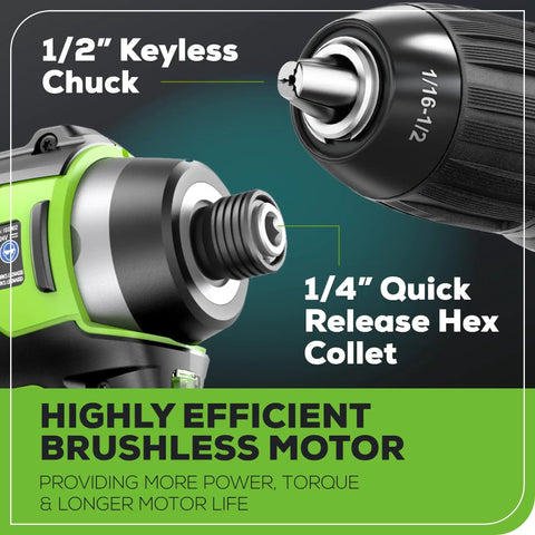Close-up of 1/2" keyless chuck and 1/4" hex collet with text 'Highly Efficient Brushless Motor' for 24V Max Cordless Brushless Drill And Impact Driver Combo Kit With 2 Batteries, Fast Charger, And Storage Bag, Lightweight Pro Grade Electric Drill Set For High Torque Drilling And Screw Driving.