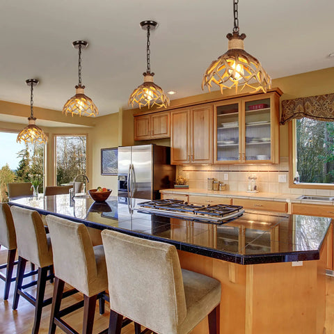 Kitchen island with Rustic Deer Antler Pendant Ceiling Light With Aged Iron Accents, One E26 Base, LED Compatible, Brown Finish